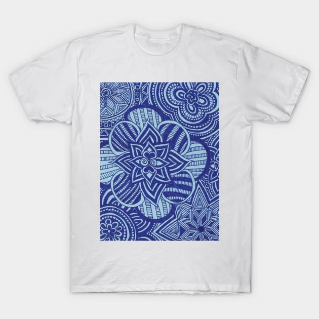 Cobalt Floral Snowflakes T-Shirt by AmyMinori